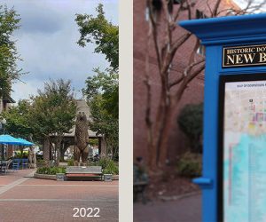 Photos of Bear Plaza taken in 2022 and 2026 in New Bern, NC. (Photos by Wendy Card)